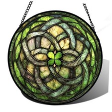 Stained Glass Window Hanging, Abstract Clover Sun Catchers 14.9x14.9 IN Green