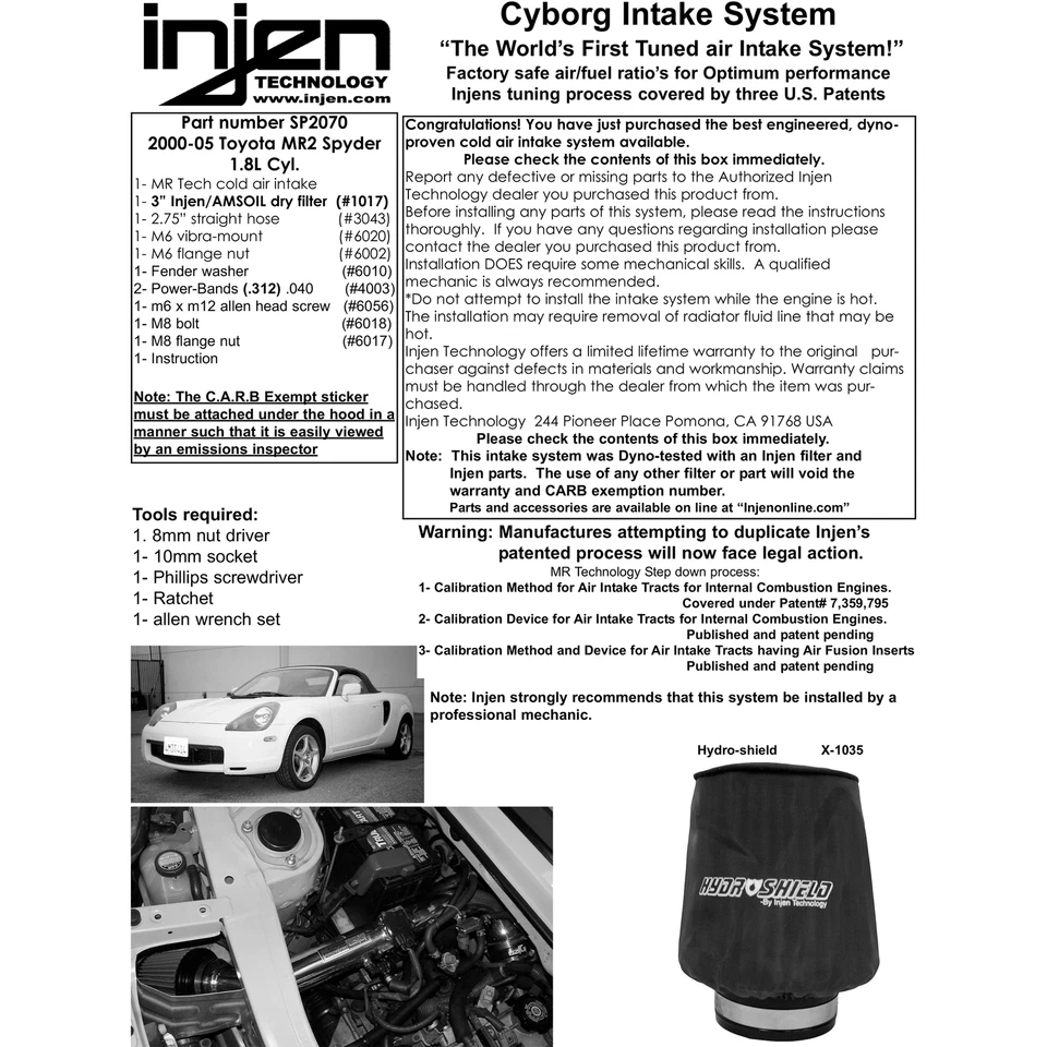 Entrada de aire frío Ram corta de aluminio Injen SP2070P para Toyota MR-2 2000-2005 1,8 L Foto 4 de 4