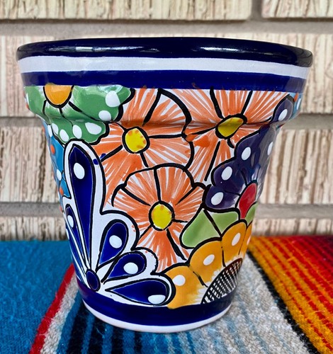Lg Mexican Ceramic Flower Pot Planter Folk Art Pottery Handmade Talavera #6 - Picture 7 of 9