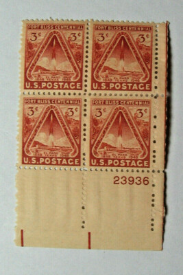 1948 3 Cent Fort Bliss Centennial Plate Number Block of Four Stamps Scott 976