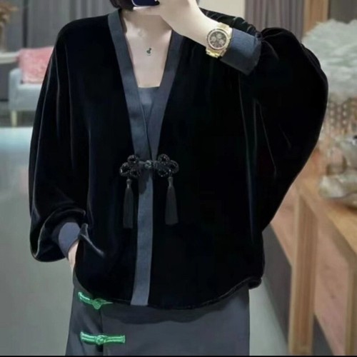 Lady Chinese Style Velvet Cardigan Top V-neck Dolman Sleeve Coat Button Overcoat - Picture 8 of 12