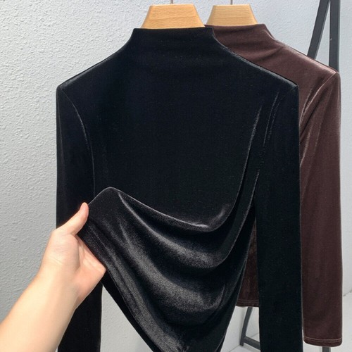 Women Faux Velvet Shirts Tops Blouse Basic Slim Turtle Neck Casual Winter Tops - Picture 5 of 10
