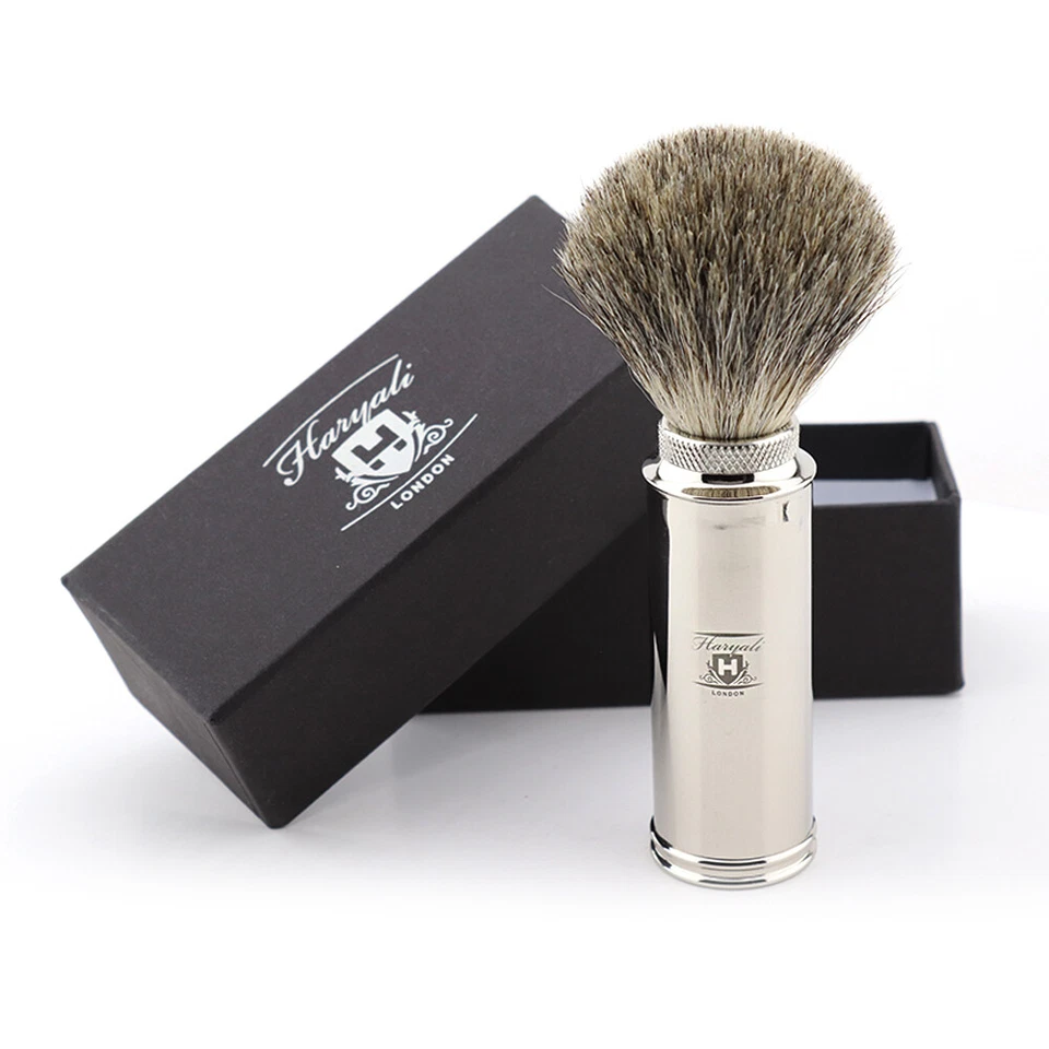 HARYALI LONDON Elegant Wet Shaving Super Badger Hairs Travel Brush with Stainless Steel Handle
