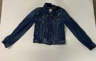 Hollister jean jacket Junior size Medium Blue Distressed EUC