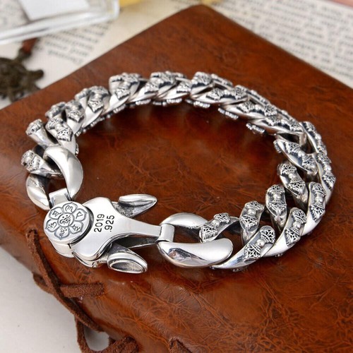 Pure S925 Sterling Silver Chain Men 14mm Vajra Curb Link Bracelet 7.1-8.67inch - Picture 2 of 12