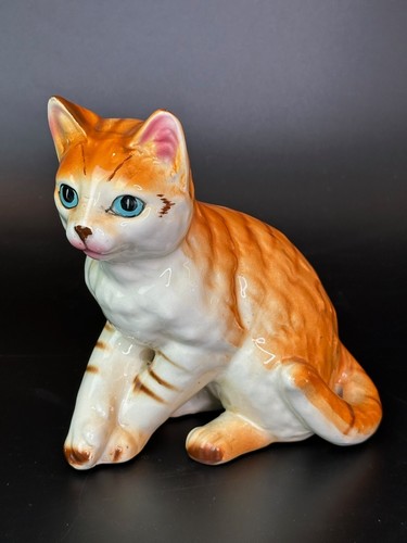 Vintage Orange Tabby Katze Porzellan glasierte Figur blaue Augen