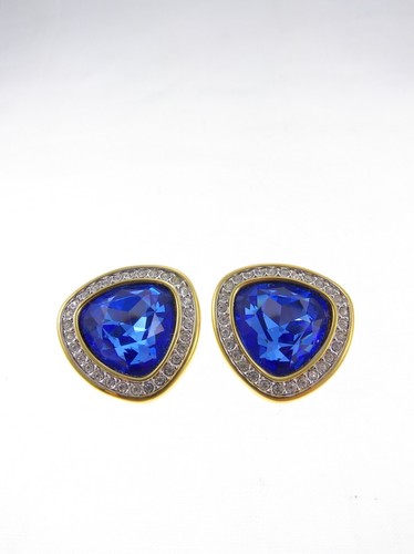 Pendientes con clip de 1" de cristal azul y estrás transparente en tono dorado - Imagen 3 de 7