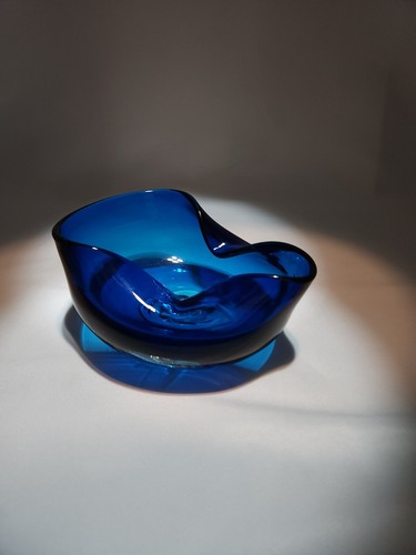 Hand Blown Royal Colbalt Blue Pinch, Fold, Stretched Bowl, Dish, Ashtray, 