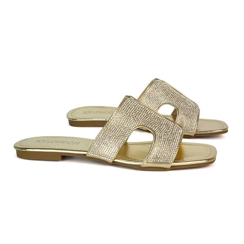 Womens Flat Sandal Diamante Sparkly Ladies Slip On Casual Summer Slider Size 3-8 - Picture 30 of 45