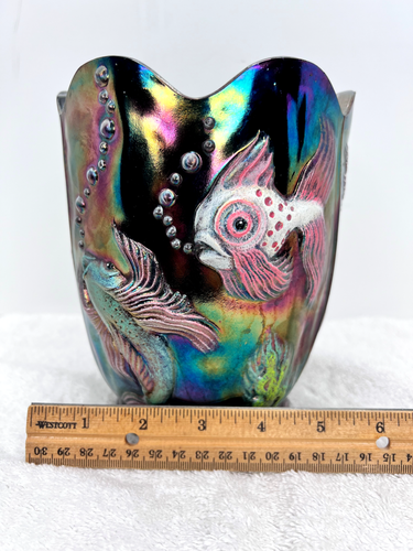 FENTON Koi Fish ATLANTIS Carnival Vase Hand Painted by Lisa Van Es - OOAK - Picture 8 of 9