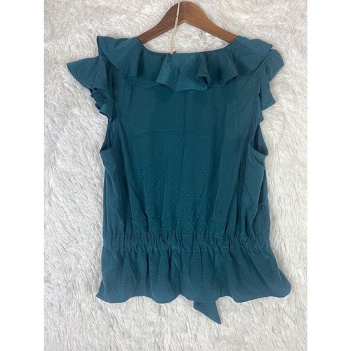 Elle Women’s Size L Top Blouse Teal Flowy Printed Ruffle elegant - Picture 5 of 9