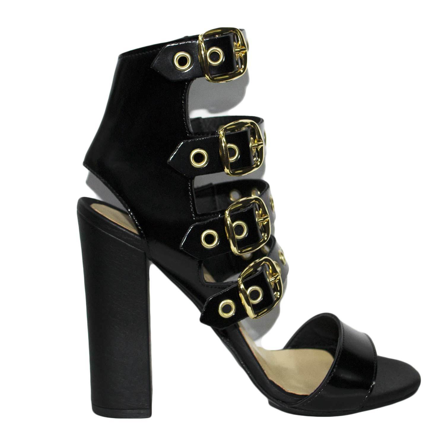 Sandali tacco doppio noir pelle art.st9048 made in italy accessori fibbia or mo Sandali tacco doppio noir pelle art.st9048 made in italy accessori fibbia or mo