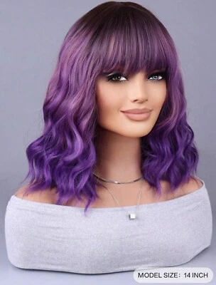 Perruque Synthétique Femme Violet Wig A Frange Courte Carré Ondulé + 4 Bonnet - Photo 1/4