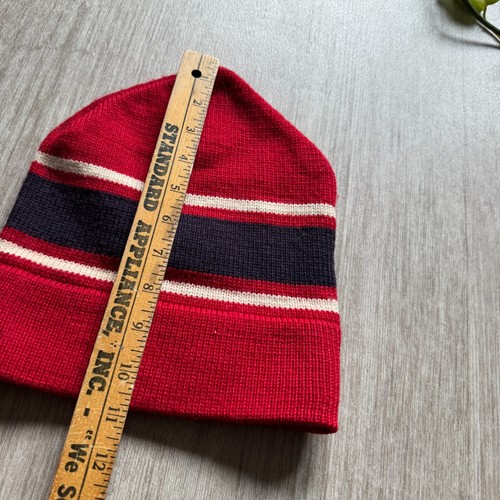 Vintage Vermont Originals handgewebte Wollmütze Beanie rot blau und creme Erwachsene Einheitsgröße - Bild 6 von 6
