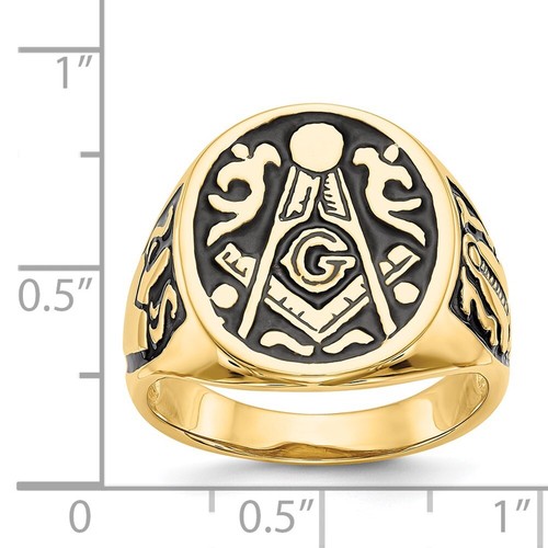 14k Yellow Gold Polished and Grooved with Black Enamel Masonic Ring Size 10 - Picture 6 of 9
