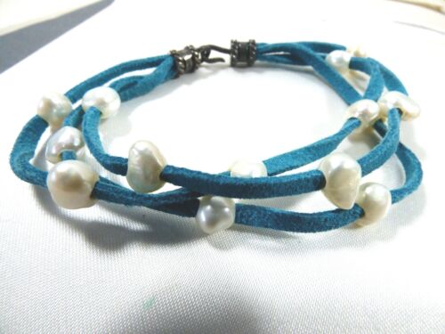 Pulsera con cierre de gancho de plata esterlina blanco perla genuino cuero turquesa - Imagen 2 de 5