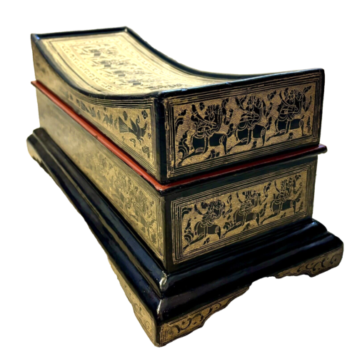 Antique Hand Made Highly Decorated Burmese Gilded Wood Lacquerware Pillow Box - Picture 7 of 15