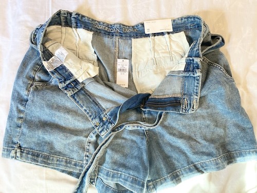 American Eagle Damen 18 Denim Shorts Paperbag Mom hoher Bund helle Waschung Schleife neu mit Etikett - Bild 2 von 10