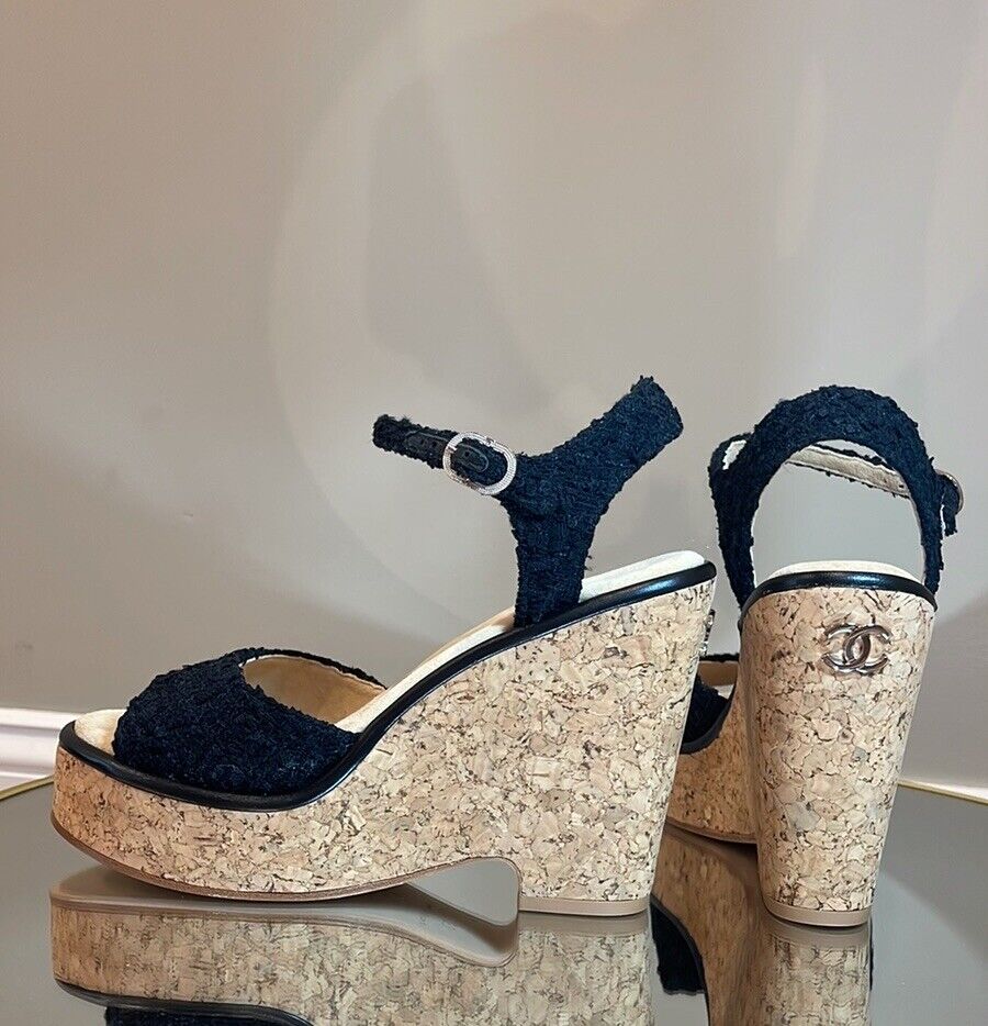 CHANEL 23C Tweed Interlocking CC Cork Wedges Platform CHANEL 23C Tweed Interlocking CC Cork Wedges Platform
