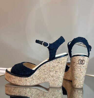 CHANEL 23C Tweed Interlocking CC Cork Wedges Platform Sandals Sz