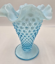 VINTAGE Fenton-AQUA Blue Opalescent-Hobnail-fluted Edged Vase