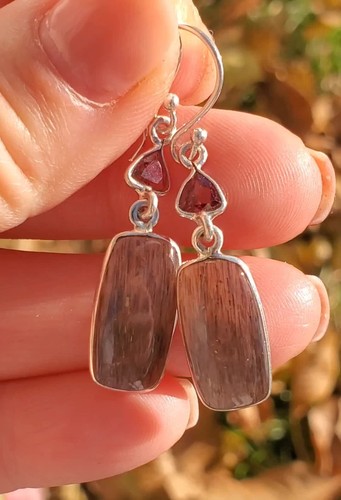 Estate Black Rainbow Sunstone / Black Moonstone Garnet Sterling Dangle Earrings - Video 1 of 1