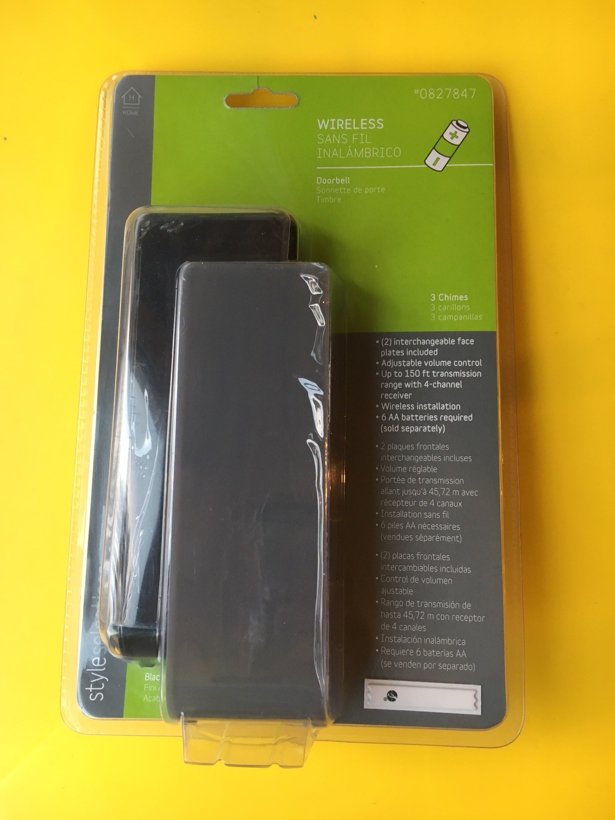 Wireless Doorbell Black & Gray, 3 Chimes, 150' Range, Volume