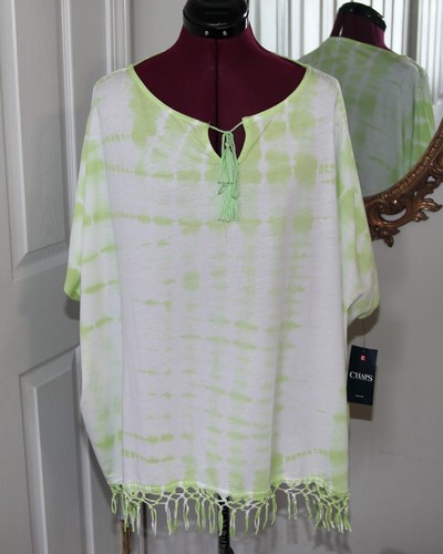 CHAPS DENIM Mint Green Tie-Dye Fringe Poncho Top Beach Cover-Up NWT Medium - Picture 1 of 6