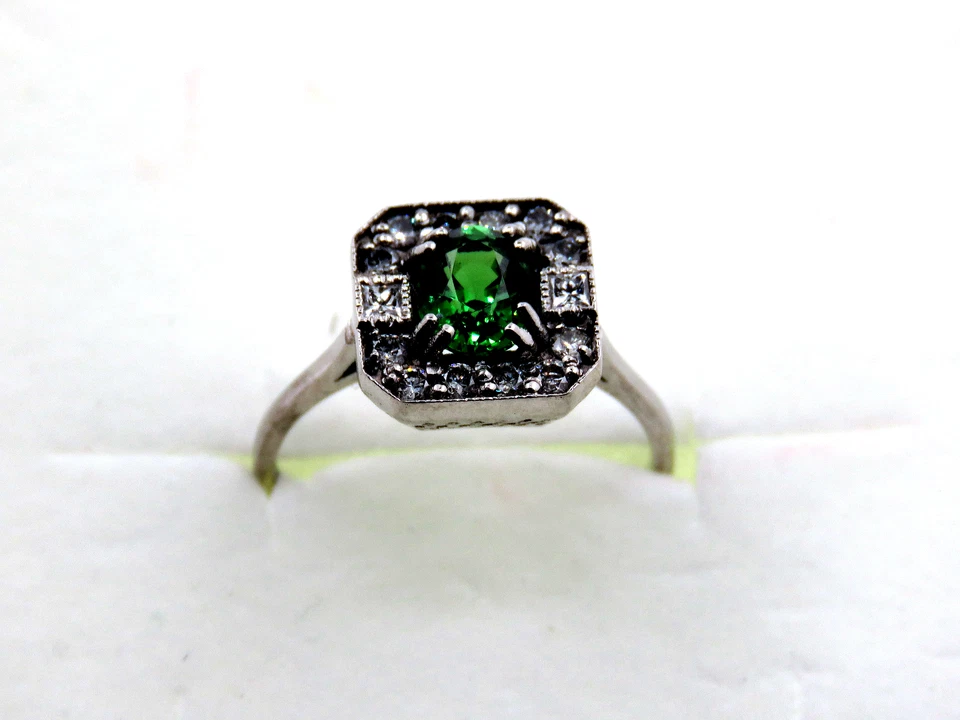 Granate Tsavorite 0,75ct. & Diamonds 0,70ct. Oro Blanco 18ct. Anillo Reino Unido Talla N 1/2 Foto 2 de 4