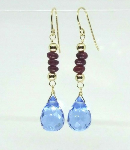 14k Yellow Gold Ruby and Swiss Blue Topaz Briolette Drop Dangle Earrings - Picture 1 of 5