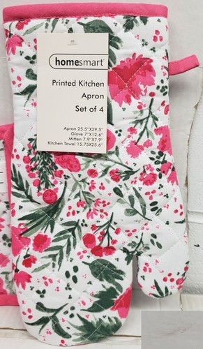 4pc Kitchen Set: 1 Apron, 1 Oven Mitt, 1 Potholder & 1 Towel, FLOWERS, pink, HMS - Picture 7 of 14