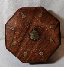 70er Indien Holz Dose Schmuckdose Messing Intasien Handarbeit LOTUS Motiv elitär