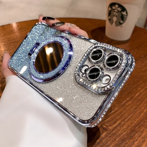 For iPhone 16 Pro Max 15 14 13 12 11 Girl's Diamond Bling Mag Safe Mirror Case - Picture 8 of 17