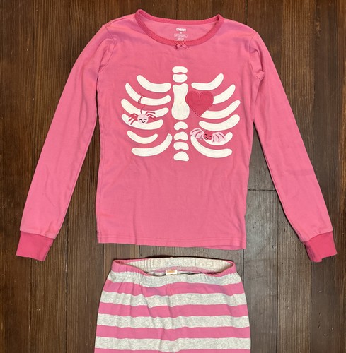 Gymboree Girls Long Sleeve Pink Skeleton Pajama Set Halloween Striped Pants 10 - Picture 3 of 16