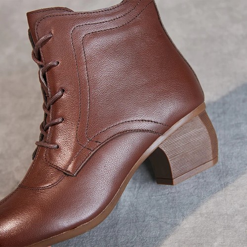 Autumn Winter Boots Women Retro Lace-up Leather Round Toe Thick Heel Ankle Boots - Picture 24 of 26