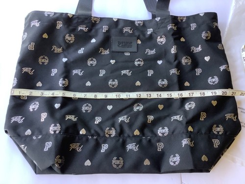 New Victorias Secret Pink Zip Tote Bag Black Silver Metallic Logo Overnight Shop - Picture 9 of 12