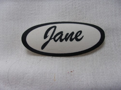 JANE USED ALL SILK SCREEN SEW ON NAME PATCH TAGS OVAL BLACK ON WHITE