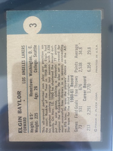 1961-62 Fleer Elgin Baylor RC SHC Authentic Beautiful, Sharp! - Picture 3 of 3