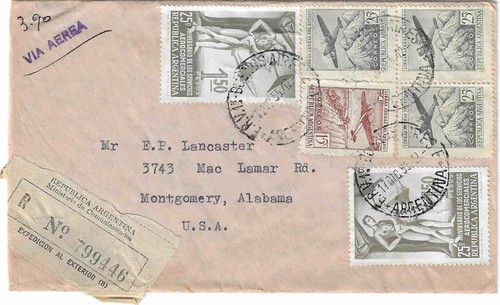 Argentina Sc # C45 ,C46 (3) & Sc# 645 (2) on registered cover to Alabama,U.S.A. - Picture 1 of 2