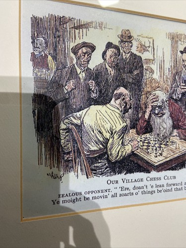 VILLAGE CHESS CLUB Cartoon IRISH Comedy Colour Sketch Framed & Mounted 17” x 11” - Picture 2 of 12