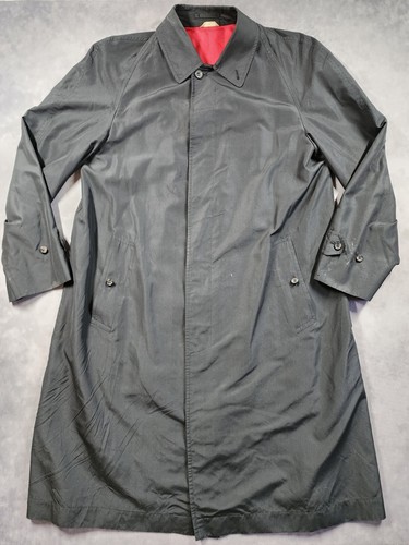 Sanyo Trench Coat Mens Large-42 Black Red 100% Silk Hidden Button Vintage