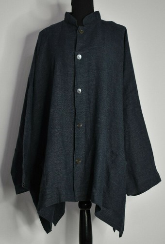 eskandar Sz 2 Blue Button Front Jacket High Collar Pockets Linen Lagenlook Boxy - Picture 4 of 12