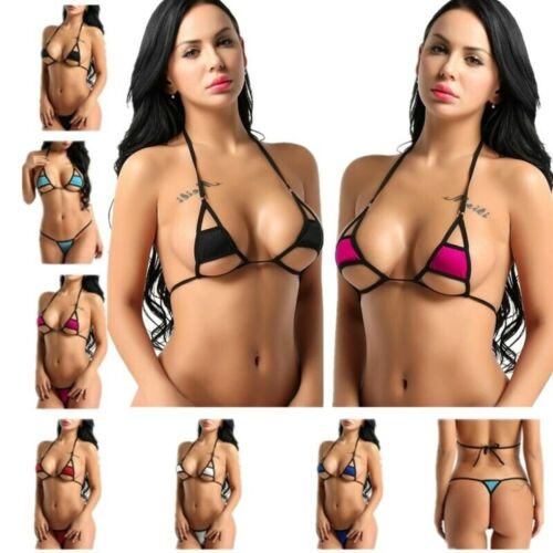Sexy Mujeres Extremo Cuello Halter Pequeño Top Micro Bikinis Conjunto Mini Tanga Traje de Baño