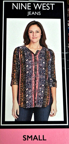 NWT NINE WEST Coffee Tapestry Lucy Tunic Blouse Shirt Top Sz Small - Picture 2 of 3