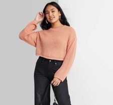 Wild Fable Cropped Sweater Womens Large Open-Knit Long Sleeve Stretch Brown