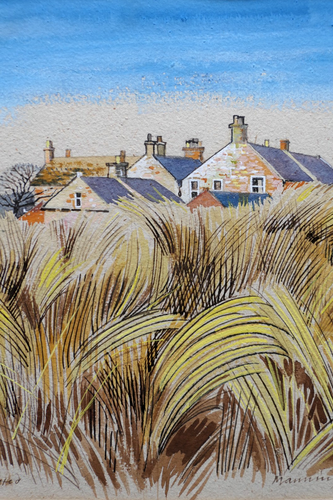 Eric Manning (XX) Aquarell. "Thaxted" (Essex) Weizenfeld in Richtung Häuser. 1973 - Bild 2 von 4