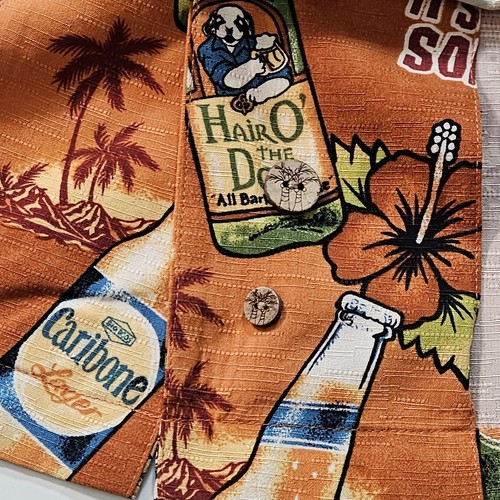Big Dogs Hawaiian Shirt Men L Burnt Orange SS Graphic AOP Beer Dogs Palm Trees - Picture 9 of 12
