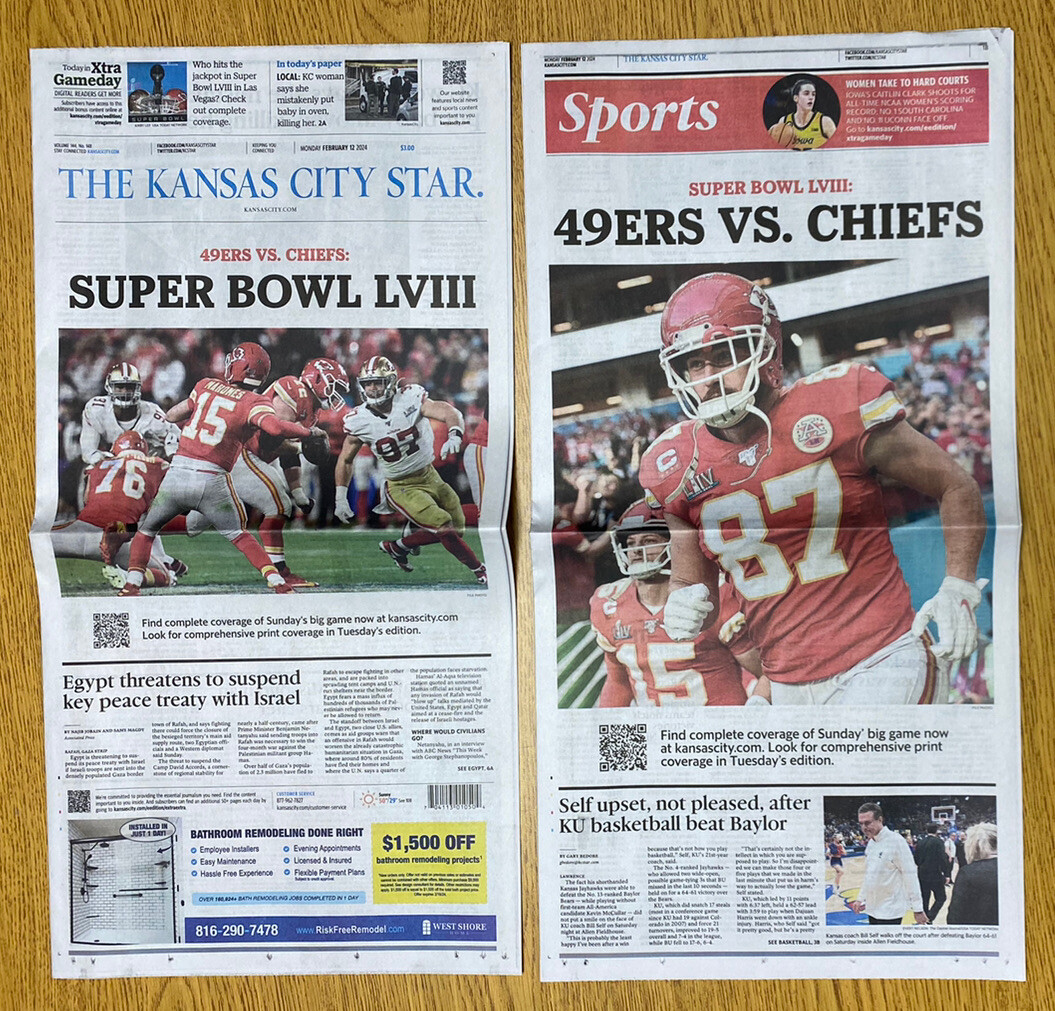 Kansas City Star Newspaper KC Chiefs 2-12-24 Chiefs Win