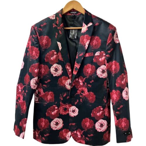NWT EXPRESS Mens Floral Jacket Blazer SZ Slim Medium Black Red Stretch $225 Tag