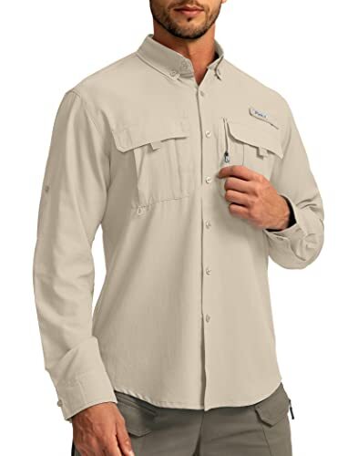 Men's Sun Protection Fishing Shirts Long Sleeve Travel Work Shirts Medium Khaki - Picture 3 of 6